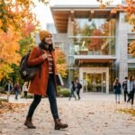 International student walking on a Canadian university campus in autumn