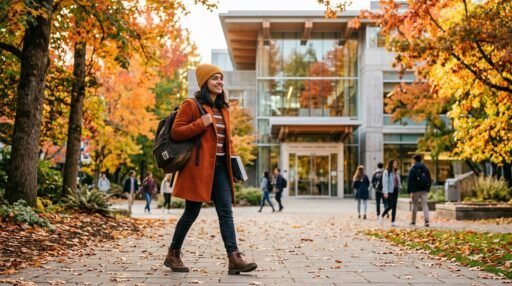 International student walking on a Canadian university campus in autumn