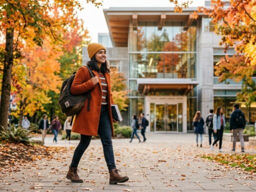 International student walking on a Canadian university campus in autumn