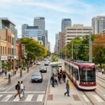 Canadian city street scene with transit and urban life