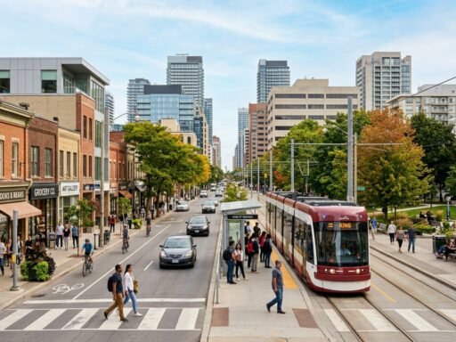 Canadian city street scene with transit and urban life