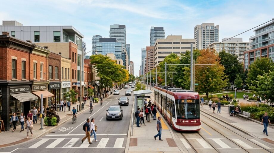 Canadian city street scene with transit and urban life